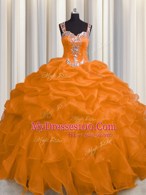 See Through Zipper Up Organza Straps Sleeveless Zipper Appliques and Ruffles Vestidos de Quinceanera in Orange