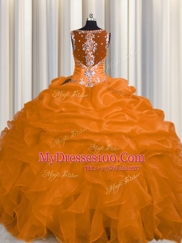 See Through Zipper Up Organza Straps Sleeveless Zipper Appliques and Ruffles Vestidos de Quinceanera in Orange