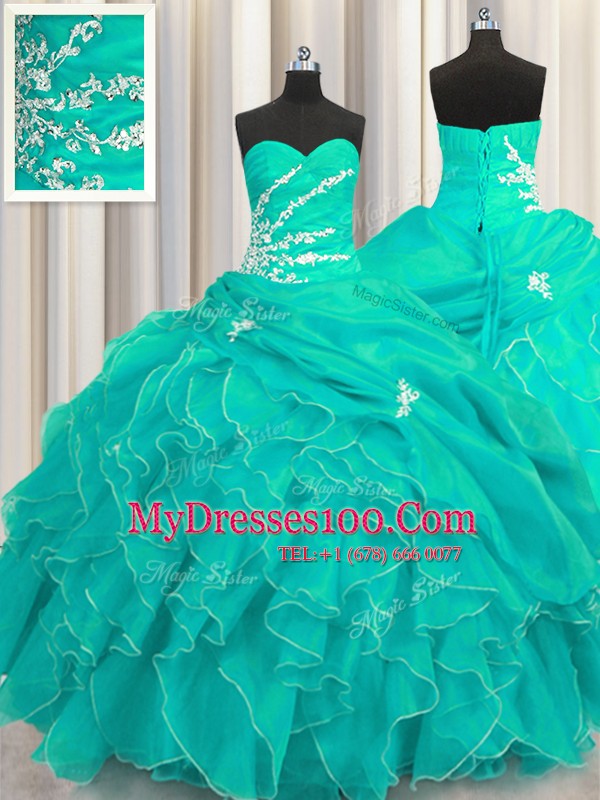 Ball Gowns Vestidos de Quinceanera Turquoise Sweetheart Organza Sleeveless Floor Length Lace Up