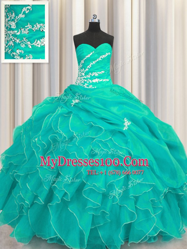 Ball Gowns Vestidos de Quinceanera Turquoise Sweetheart Organza Sleeveless Floor Length Lace Up