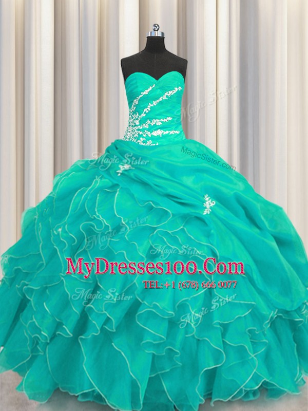 Ball Gowns Vestidos de Quinceanera Turquoise Sweetheart Organza Sleeveless Floor Length Lace Up