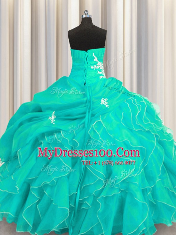 Ball Gowns Vestidos de Quinceanera Turquoise Sweetheart Organza Sleeveless Floor Length Lace Up