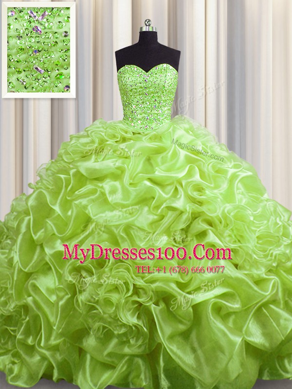 Pick Ups With Train Ball Gowns Sleeveless Yellow Green Quinceanera Gown Court Train Lace Up