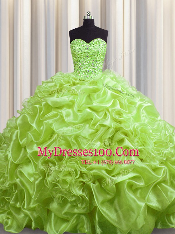Pick Ups With Train Ball Gowns Sleeveless Yellow Green Quinceanera Gown Court Train Lace Up