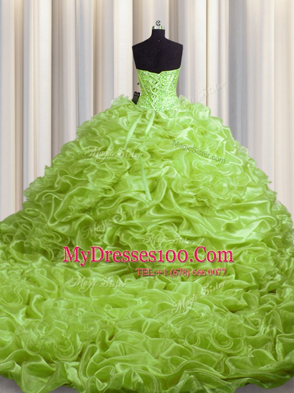 Pick Ups With Train Ball Gowns Sleeveless Yellow Green Quinceanera Gown Court Train Lace Up