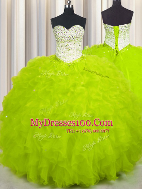 Sweetheart Sleeveless Tulle Quinceanera Gowns Beading and Ruffles Lace Up