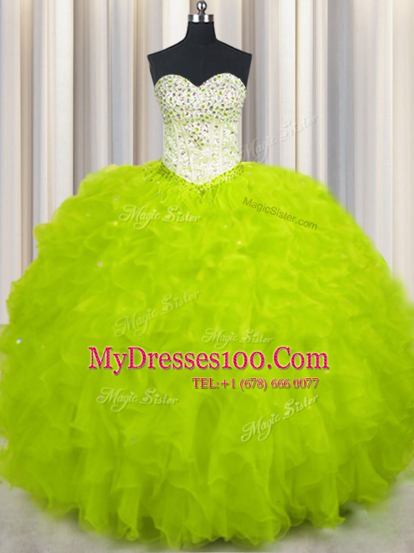 Sweetheart Sleeveless Tulle Quinceanera Gowns Beading and Ruffles Lace Up