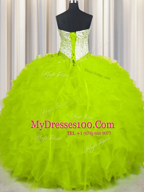 Sweetheart Sleeveless Tulle Quinceanera Gowns Beading and Ruffles Lace Up