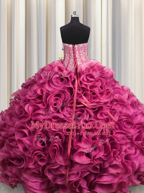 Decent Visible Boning Hot Pink Organza Lace Up Sweetheart Sleeveless Floor Length Sweet 16 Dresses Beading and Ruffles