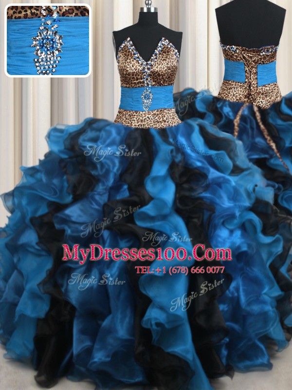 Comfortable Leopard Two Tone V Neck Sleeveless Beading and Ruffles Lace Up Quince Ball Gowns