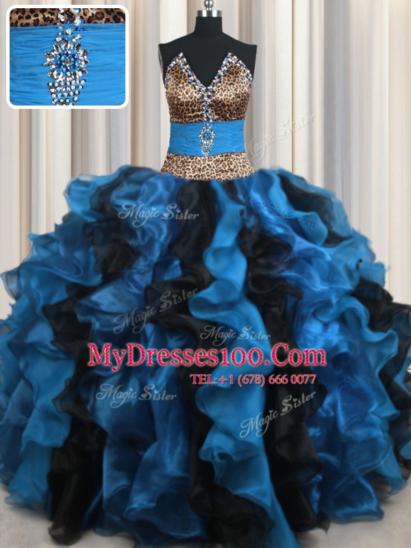 Comfortable Leopard Two Tone V Neck Sleeveless Beading and Ruffles Lace Up Quince Ball Gowns