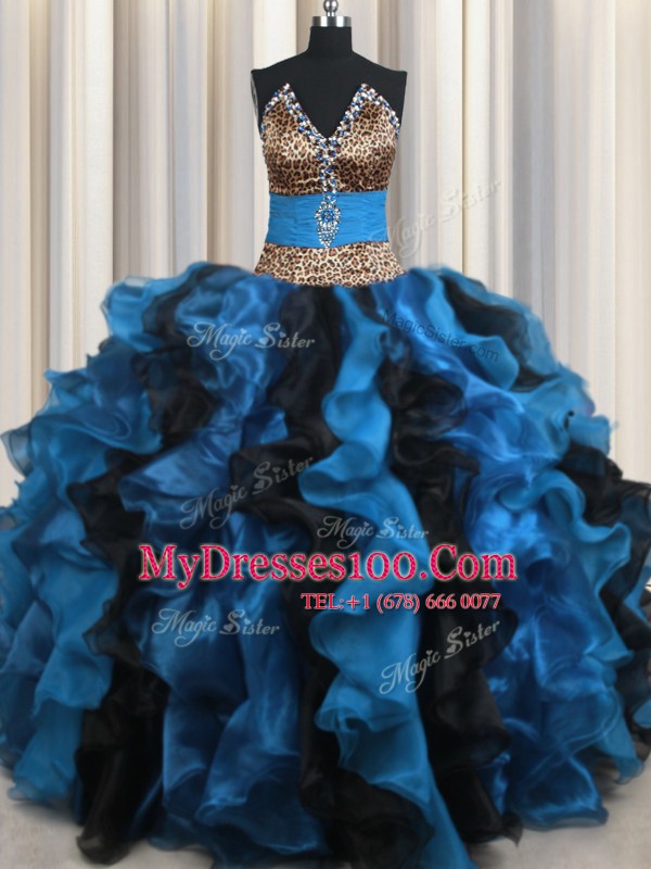 Comfortable Leopard Two Tone V Neck Sleeveless Beading and Ruffles Lace Up Quince Ball Gowns