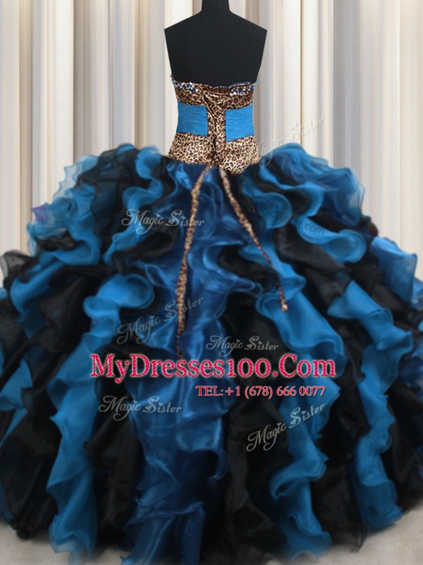 Comfortable Leopard Two Tone V Neck Sleeveless Beading and Ruffles Lace Up Quince Ball Gowns