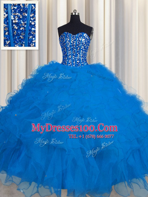 Inexpensive Visible Boning Blue Ball Gowns Tulle Sweetheart Sleeveless Beading and Ruffles and Sequins Floor Length Lace Up 15 Quinceanera Dress