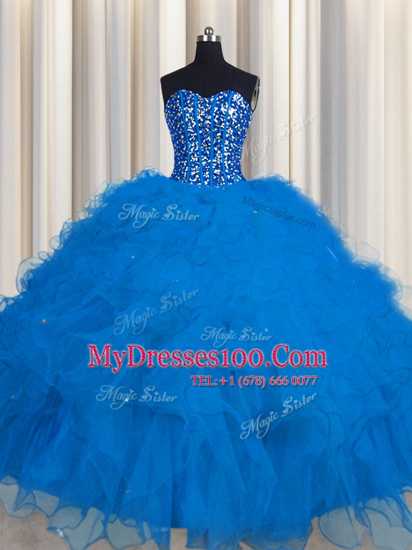 Inexpensive Visible Boning Blue Ball Gowns Tulle Sweetheart Sleeveless Beading and Ruffles and Sequins Floor Length Lace Up 15 Quinceanera Dress
