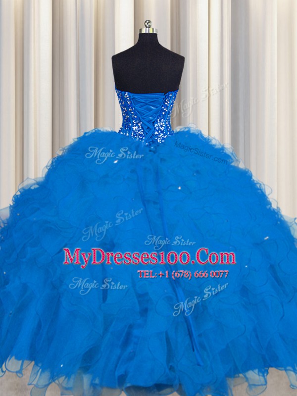 Inexpensive Visible Boning Blue Ball Gowns Tulle Sweetheart Sleeveless Beading and Ruffles and Sequins Floor Length Lace Up 15 Quinceanera Dress