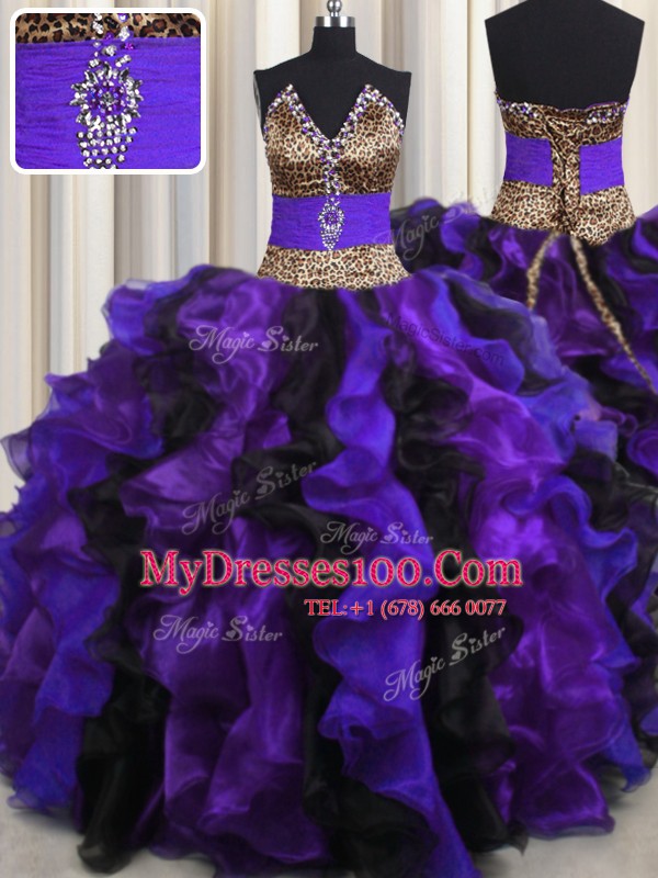 Sophisticated Leopard Floor Length Multi-color Sweet 16 Dresses V-neck Sleeveless Lace Up