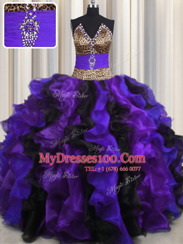 Sophisticated Leopard Floor Length Multi-color Sweet 16 Dresses V-neck Sleeveless Lace Up