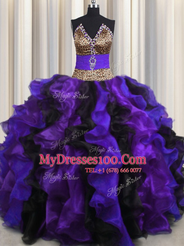 Sophisticated Leopard Floor Length Multi-color Sweet 16 Dresses V-neck Sleeveless Lace Up