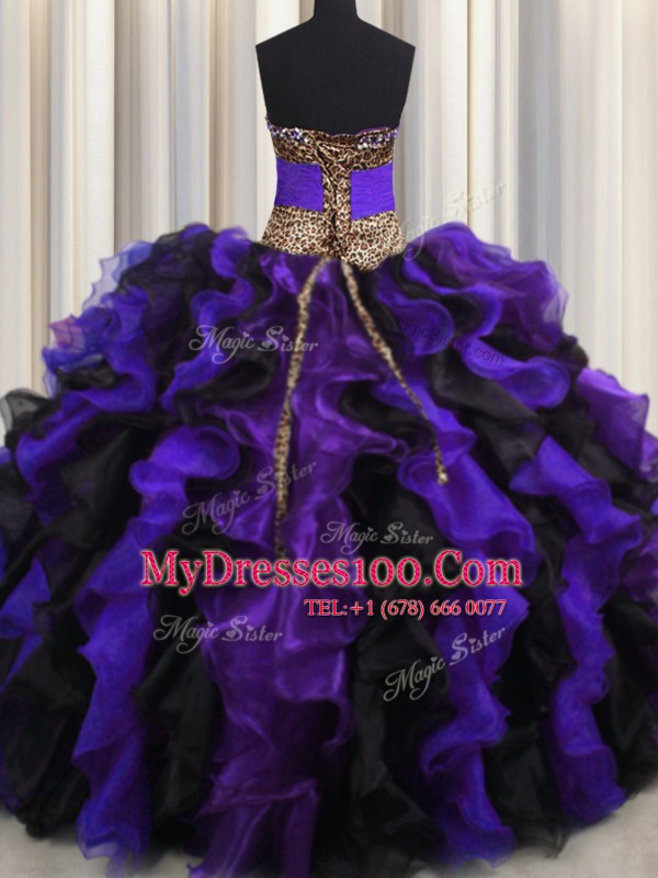 Sophisticated Leopard Floor Length Multi-color Sweet 16 Dresses V-neck Sleeveless Lace Up
