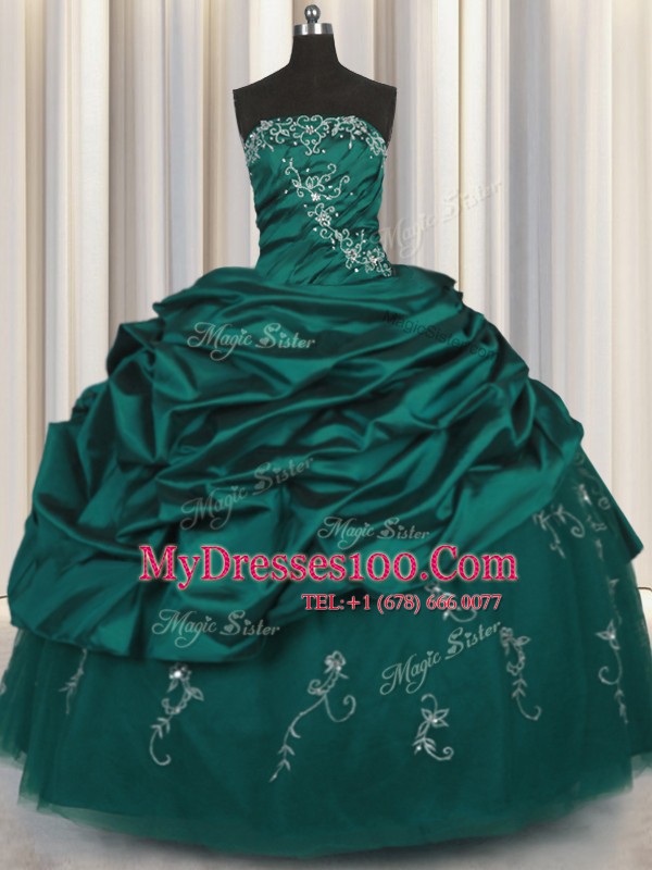 Trendy Sleeveless Floor Length Beading and Appliques and Embroidery and Pick Ups Lace Up Quinceanera Gown with Peacock Green