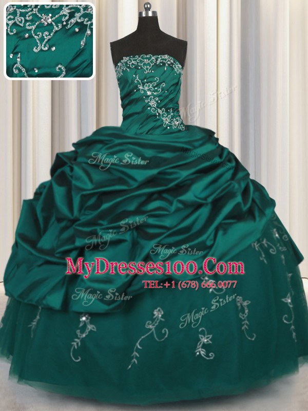 Trendy Sleeveless Floor Length Beading and Appliques and Embroidery and Pick Ups Lace Up Quinceanera Gown with Peacock Green