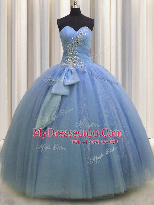 Delicate Light Blue Tulle Lace Up Sweetheart Sleeveless Floor Length Quinceanera Gowns Beading and Sequins and Bowknot
