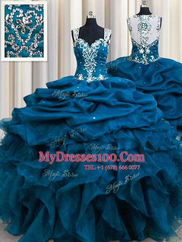 Comfortable Zipple Up See Through Back Sleeveless Organza Floor Length Zipper 15 Quinceanera Dress in Teal with Beading and Ruffles and Sequins and Pick Ups