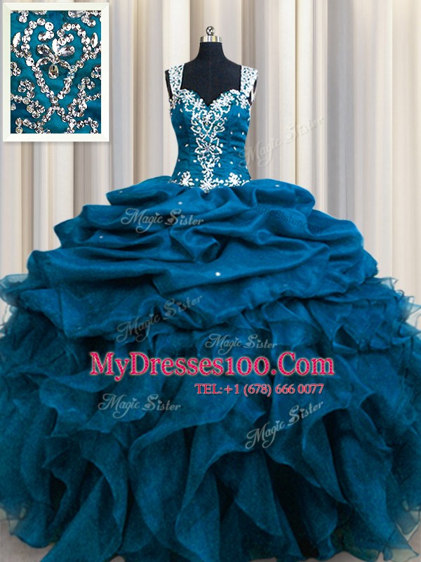 Comfortable Zipple Up See Through Back Sleeveless Organza Floor Length Zipper 15 Quinceanera Dress in Teal with Beading and Ruffles and Sequins and Pick Ups