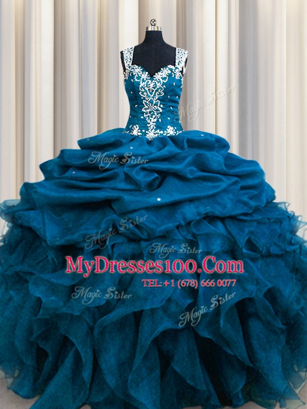 Comfortable Zipple Up See Through Back Sleeveless Organza Floor Length Zipper 15 Quinceanera Dress in Teal with Beading and Ruffles and Sequins and Pick Ups
