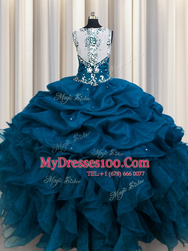 Comfortable Zipple Up See Through Back Sleeveless Organza Floor Length Zipper 15 Quinceanera Dress in Teal with Beading and Ruffles and Sequins and Pick Ups