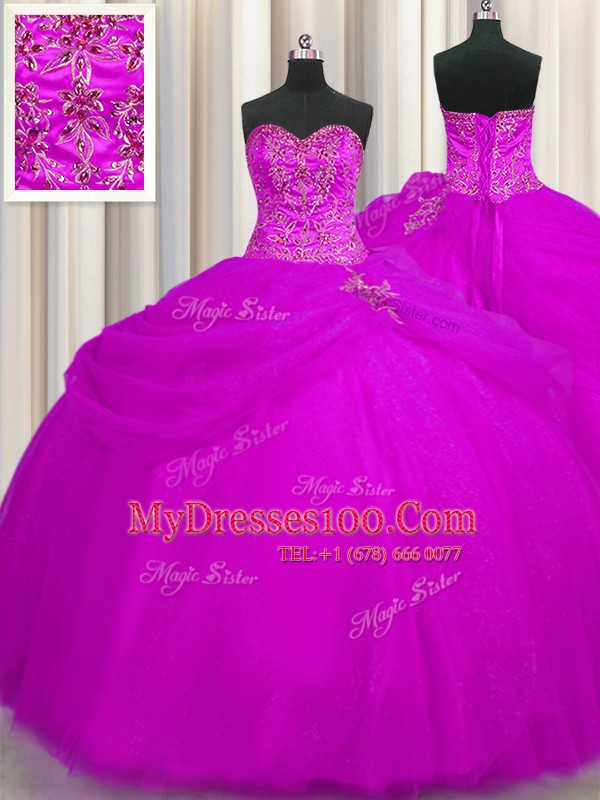 Comfortable Floor Length Lace Up Sweet 16 Quinceanera Dress Fuchsia for Military Ball and Sweet 16 and Quinceanera with Beading