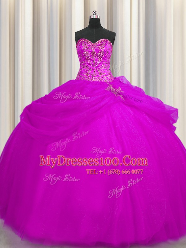 Comfortable Floor Length Lace Up Sweet 16 Quinceanera Dress Fuchsia for Military Ball and Sweet 16 and Quinceanera with Beading