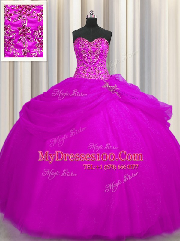 Comfortable Floor Length Lace Up Sweet 16 Quinceanera Dress Fuchsia for Military Ball and Sweet 16 and Quinceanera with Beading