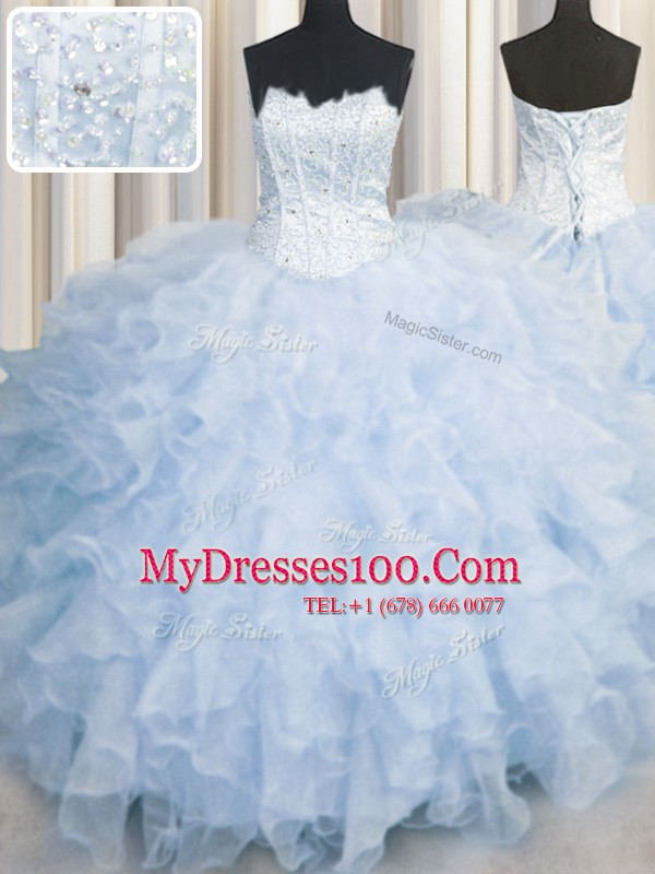 Light Blue Lace Up Scalloped Ruffles Sweet 16 Dress Organza Sleeveless