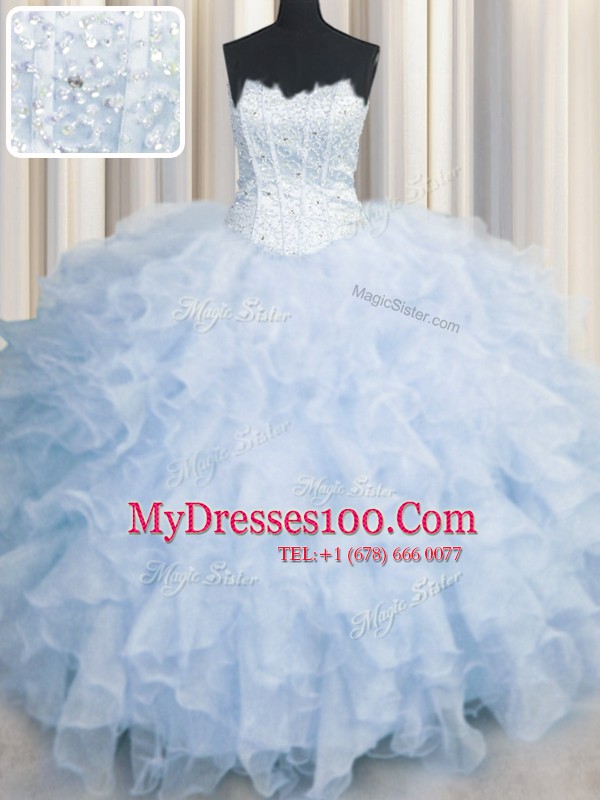 Light Blue Lace Up Scalloped Ruffles Sweet 16 Dress Organza Sleeveless