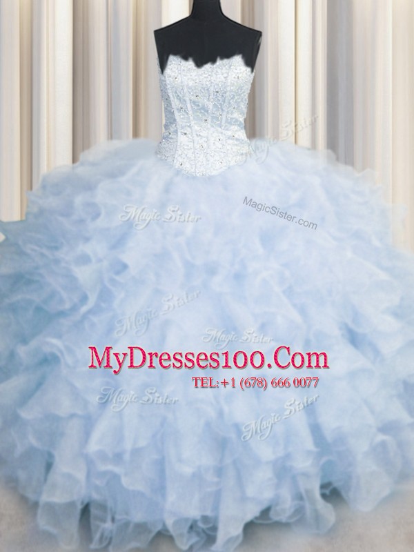 Light Blue Lace Up Scalloped Ruffles Sweet 16 Dress Organza Sleeveless