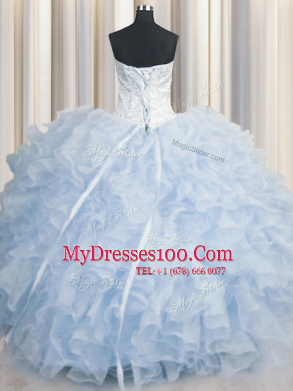 Light Blue Lace Up Scalloped Ruffles Sweet 16 Dress Organza Sleeveless