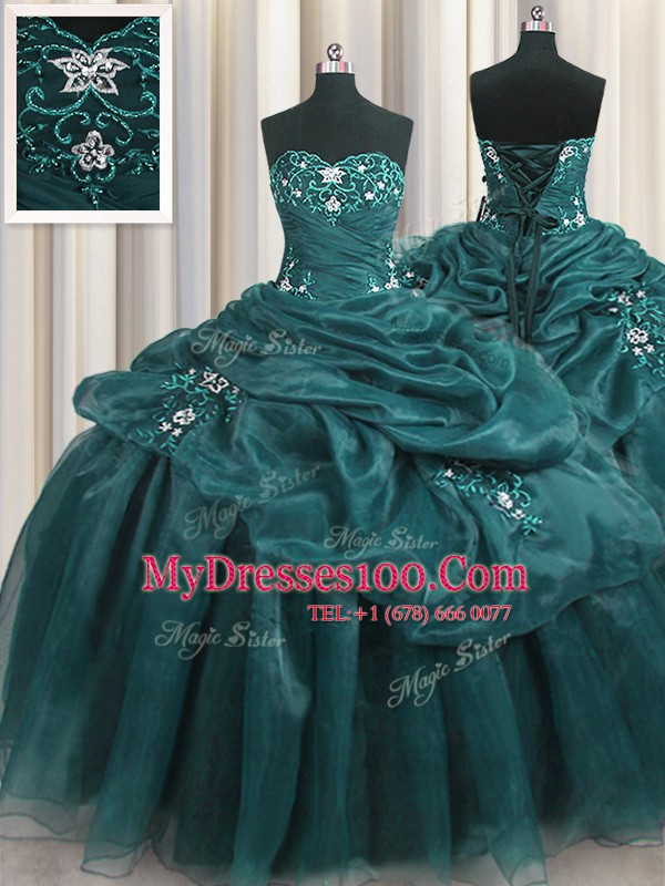 Elegant Ball Gowns Sweet 16 Dresses Teal Sweetheart Organza Sleeveless Floor Length Lace Up
