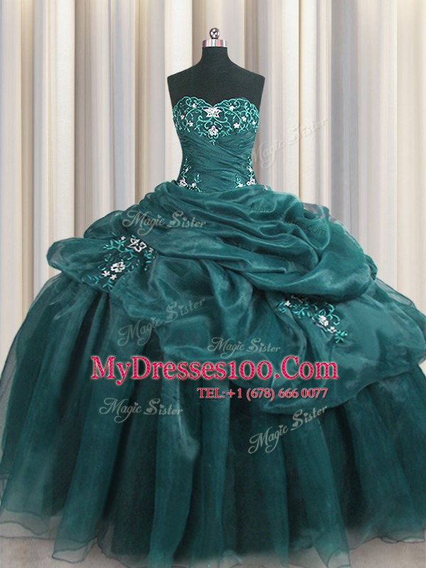 Elegant Ball Gowns Sweet 16 Dresses Teal Sweetheart Organza Sleeveless Floor Length Lace Up