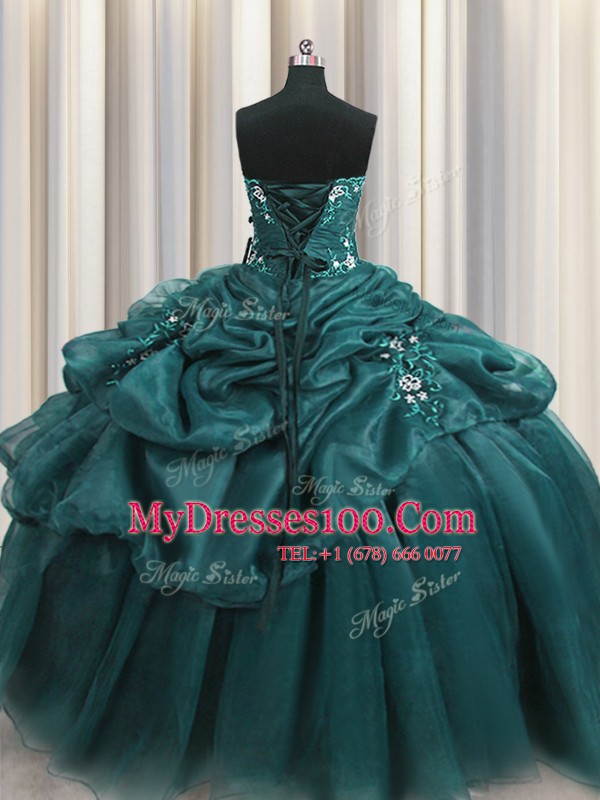 Elegant Ball Gowns Sweet 16 Dresses Teal Sweetheart Organza Sleeveless Floor Length Lace Up