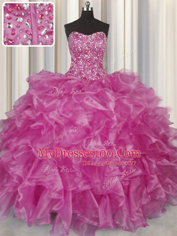 Visible Boning Fuchsia Organza Lace Up Strapless Sleeveless Floor Length Quinceanera Gowns Beading and Ruffles