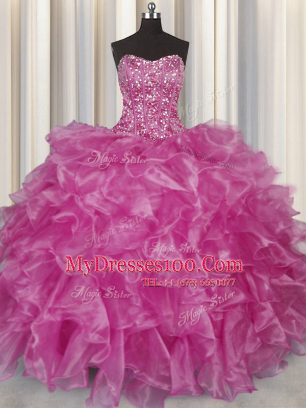 Visible Boning Fuchsia Organza Lace Up Strapless Sleeveless Floor Length Quinceanera Gowns Beading and Ruffles