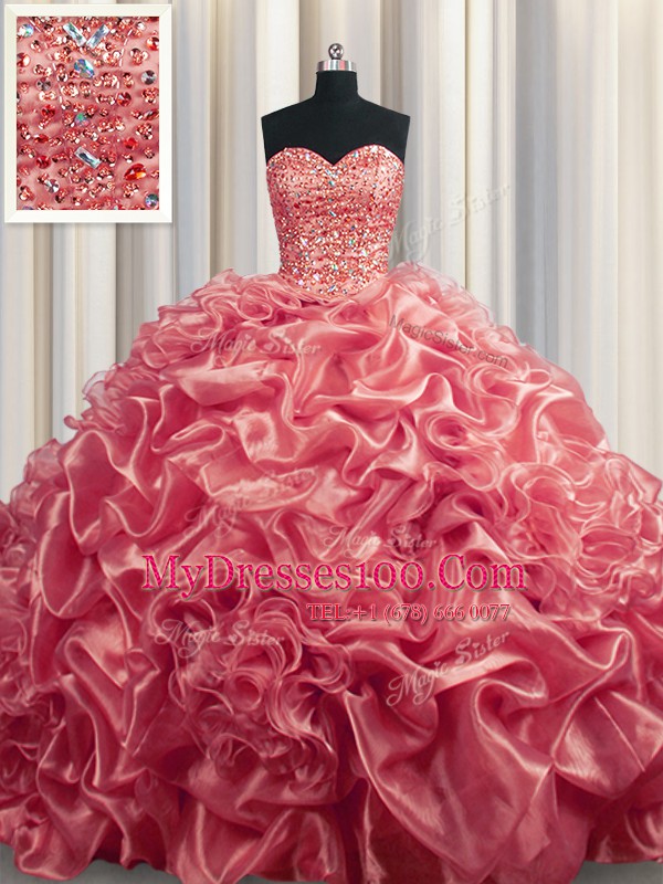 Beading and Pick Ups Quinceanera Dresses Watermelon Red Lace Up Sleeveless With Train Court Train
