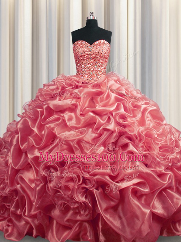 Beading and Pick Ups Quinceanera Dresses Watermelon Red Lace Up Sleeveless With Train Court Train