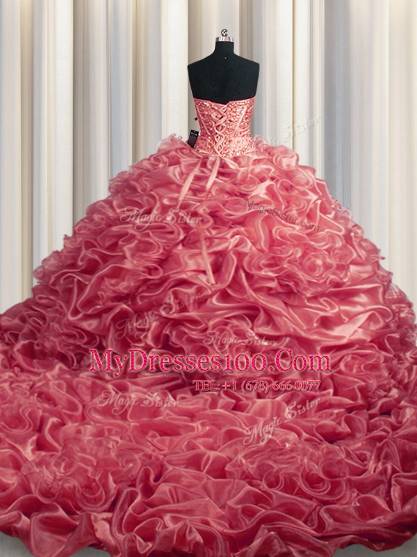 Beading and Pick Ups Quinceanera Dresses Watermelon Red Lace Up Sleeveless With Train Court Train