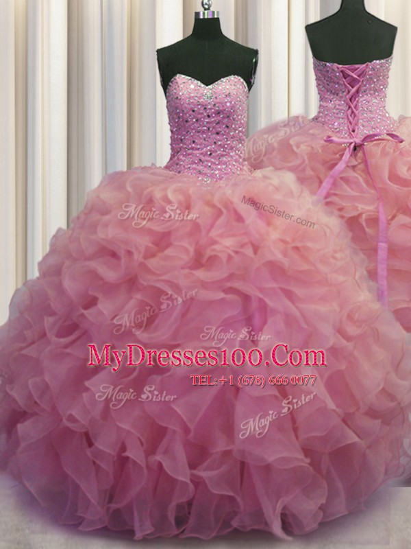Fancy Watermelon Red Ball Gowns Organza Sweetheart Sleeveless Beading and Ruffles Floor Length Lace Up Sweet 16 Quinceanera Dress