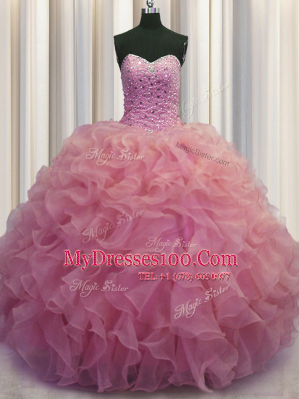 Fancy Watermelon Red Ball Gowns Organza Sweetheart Sleeveless Beading and Ruffles Floor Length Lace Up Sweet 16 Quinceanera Dress