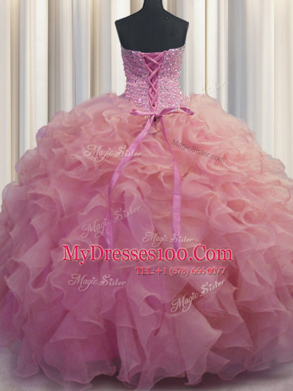 Fancy Watermelon Red Ball Gowns Organza Sweetheart Sleeveless Beading and Ruffles Floor Length Lace Up Sweet 16 Quinceanera Dress