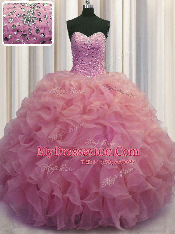 Fancy Watermelon Red Ball Gowns Organza Sweetheart Sleeveless Beading and Ruffles Floor Length Lace Up Sweet 16 Quinceanera Dress